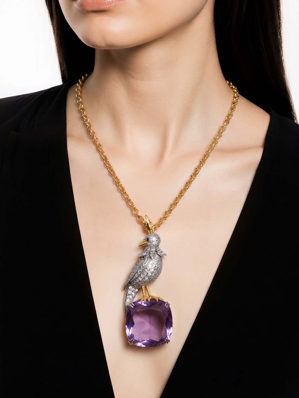 Catwalk Jon Gold Chain Necklace with Purple crystal and Bird Pendant
